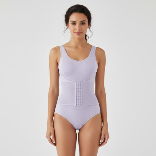 Body corset sculptant seamless violet claire femme OFFUZA porté, maintien fort et taille affinée