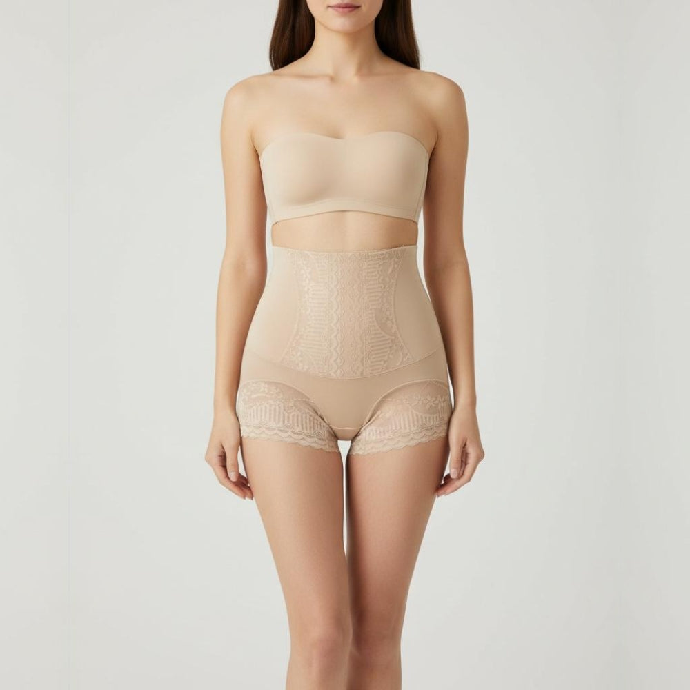 Culotte gainante dentelle nude femme OFFUZA portée, maintien du ventre et silhouette lissée