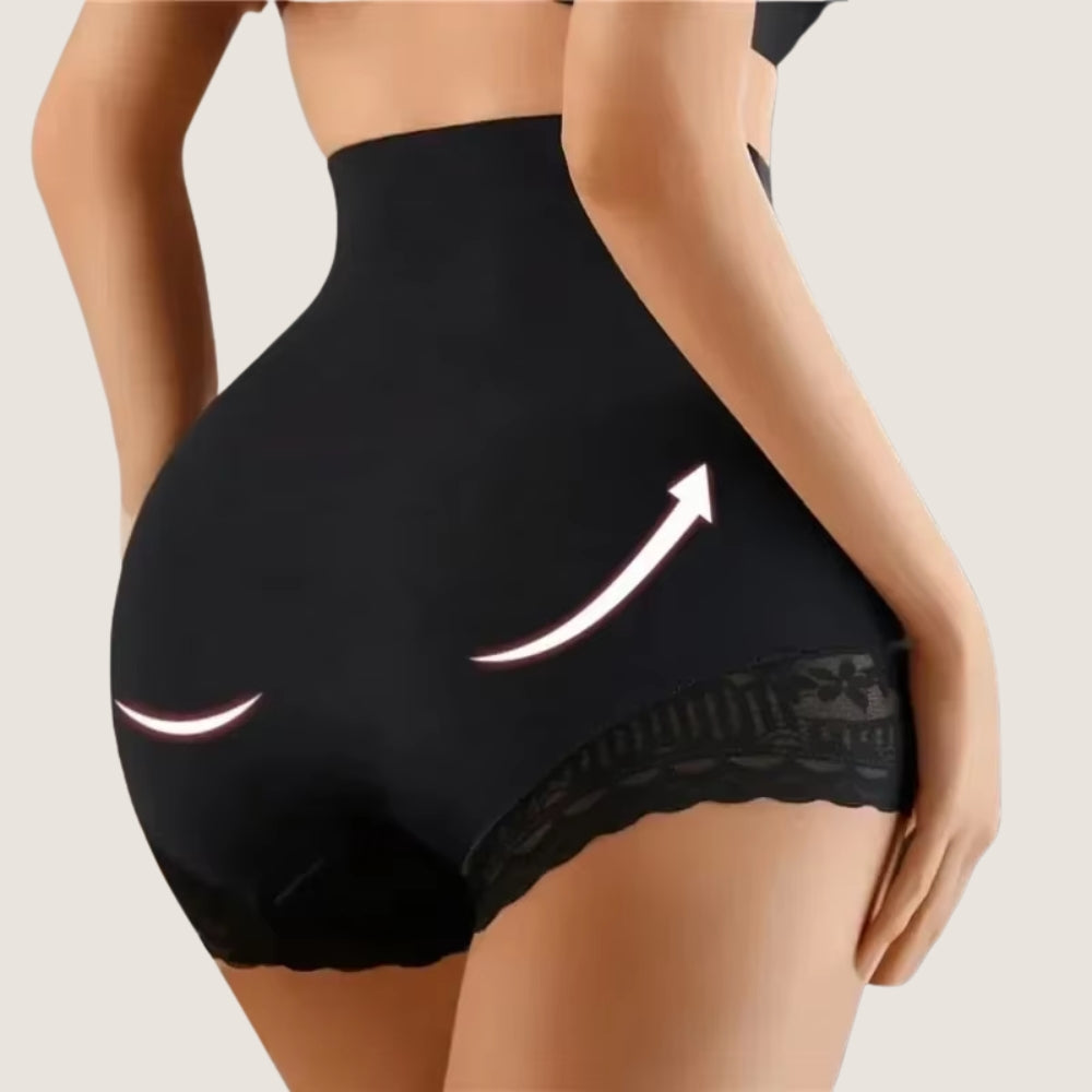 Culotte gainante dentelle noir femme vue de dos, galbe des fesses et coupe féminine